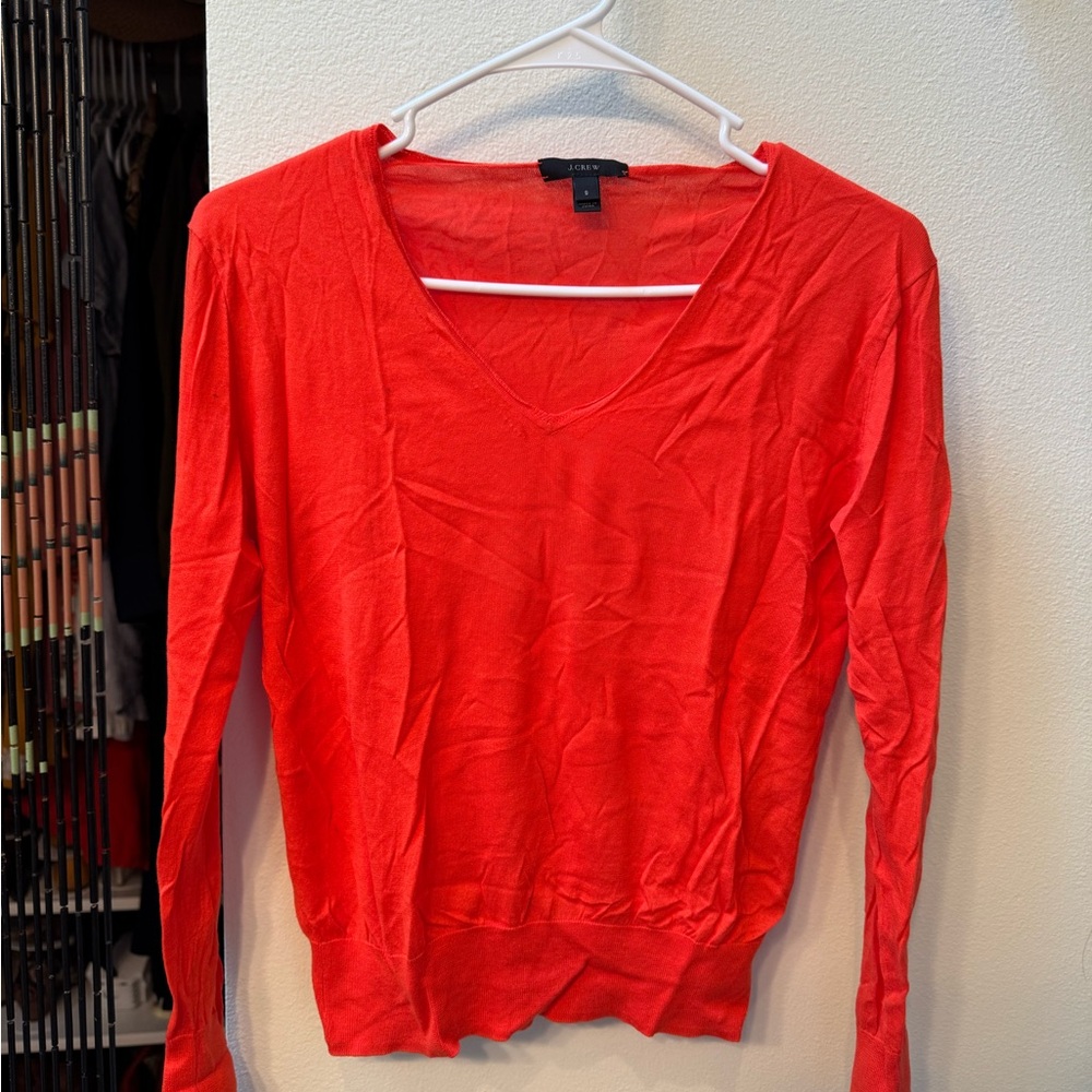 J. Crew Red Long Sleeve Fitted Sweater V-Neck